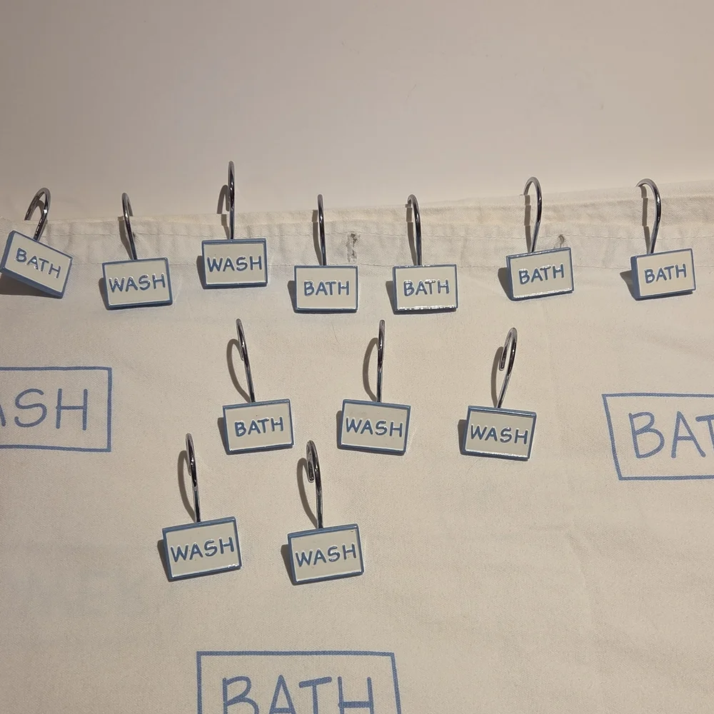 Blue 'Bath/Wash' Shower Curtain Hooks Clean Coastal Look Minimalist Farmhouse